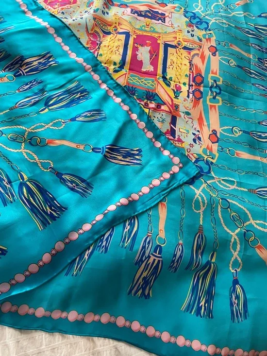 Vibrant Turquoise Silk Scarf with Tassel Print 42 x 42 - Picture 12 of 16